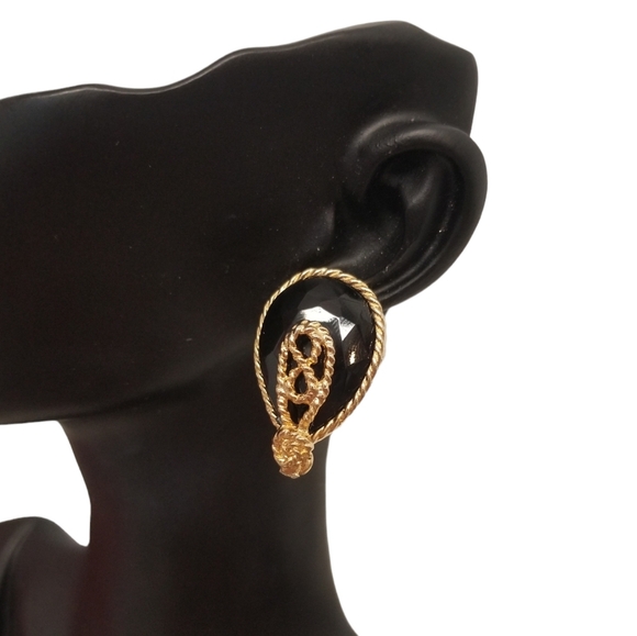 ELLEN DESIGNS VINTAGE 1980s BLACK GLASS & GOLDTONE CLIP ON STATEMENT EARRINGS - Picture 3 of 7
